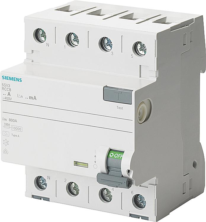 Siemens FI-Schutzschalter,63A, 30mA, 4pol,Typ A, 5SV3346-6KL,N-links