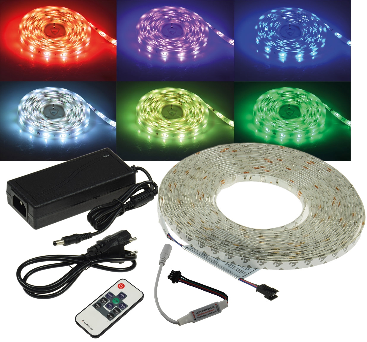 RGB LED-Strip Set RGB-1000 RF10m Stripe, Netzteil, Funk-Fernbedienung